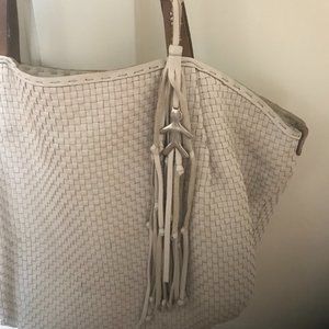 HENRY BEGUELIN Woven Cream Leather Hobo Shoulder Tote Intreccio with Tassel
